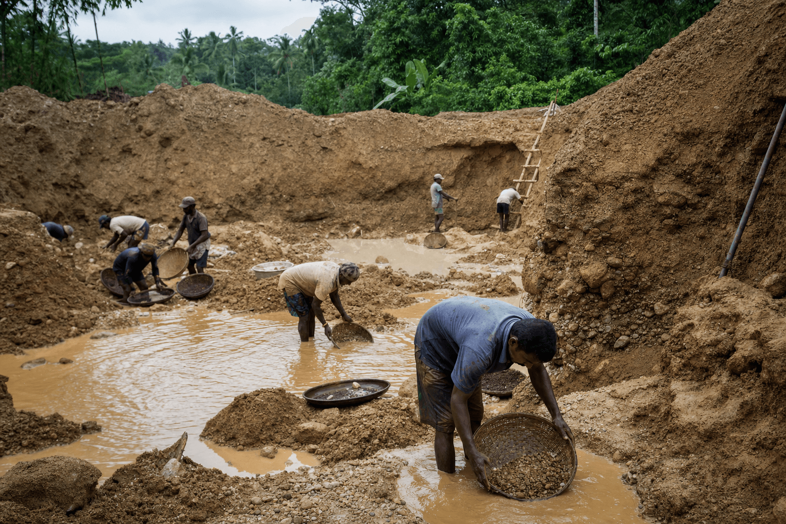 Traditional gem mining pit and gravel washing in Sri Lanka