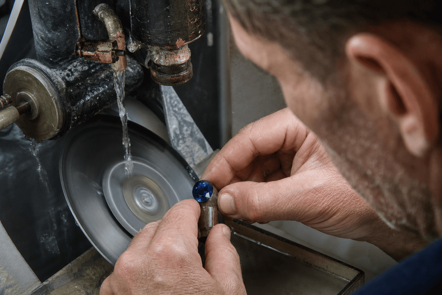 Gem cutter faceting a blue sapphire on a polishing machine